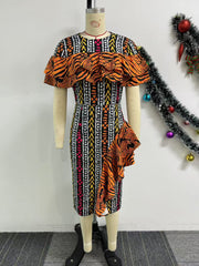 Elegant Print Ruffle Package Hip Dress