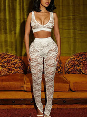 Sexy Lace See through Crop Vest Skinny Pants Set