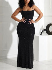Elegant Mesh Rhinestone Spaghetti Strap Maxi Dress