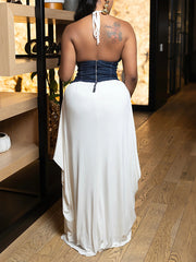 Sexy Deep V Denim Patchwork Cinched Waist Maxi Dress