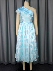 Elegant One Shoulder Jacquard Belted Midi Dress