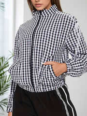 Casual Lace Bow Embellishment Plaid Zip Shirt Top