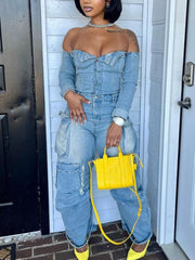 Casual Off Shoulder Denim Cargo Jumpsuit