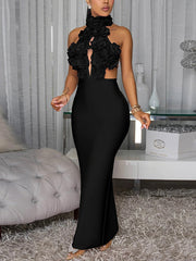 Elegant Floral Hollow-Out Bandage Maxi Dress