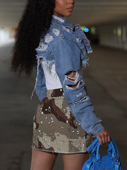 Irregular Denim Ripped Wash Casual Jacket