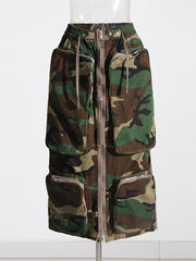 Fashion Zipper Multi Pocket Cargo Midi Skirt