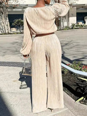 Fashion Loose Drop Shoulder Shirt Wide Leg Pants Set