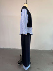 Fashion Stripe Patchwork Long Sleeve Round Neck Set