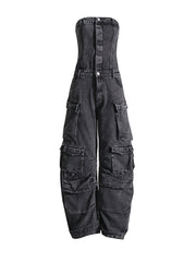 Off The Shoulder Denim Overalls Punk Pockets Jumpsuit
