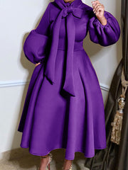 Fashion Bow Neck Puff Sleeve A-line Dress
