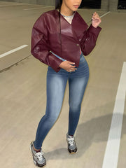 Sexy Cross Neck Irregular PU Leather Crop Jacket