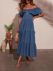 Off Shoulder Ruffle Tiered Casual Denim Dress
