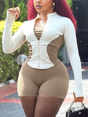 Stand Collar Contrast Color Slim Top Skinny Shorts Sets