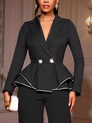 Fashion Double-breasted Cinched Waist Ruffles Blazer