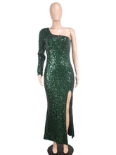 One Shoulder Sequined Dinner Slit Evening Dress