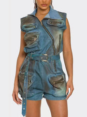 Casual Sleeveless Multi-pocket Denim Romper