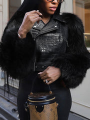 Faux Fur Sleeve Patchwork PU Leather Biker Jacket