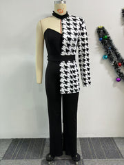 Fashion Houndtooth One Shoulder Jumpsuit Set