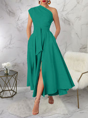 Elegant One Shoulder Pleated Party Maxi Split Dress