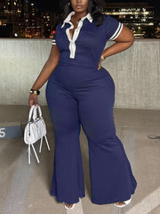 Elegant Turn-Down Collar Patchwork Wide Legs Jumpsuit