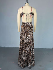 Elegant Print Hollow out Lace-up Ruched Maxi Dress