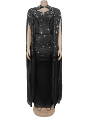 Elegant Rhinestone Decor Mesh Shawl Maxi Dress