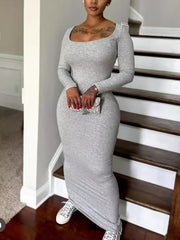 Casual Solid Square Collar Knit Bodycon Maxi Dress