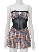 Sexy Mesh Patchwork Plaid Strapless Mini Dress