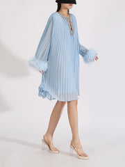Round Neck Nail Bead Feather Cuffs Pleated Dress