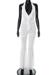 Sexy Deep V Ruffle Sheer Mesh Flare Jumpsuit
