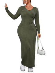 Fashion Solid V Neck Long Sleeve Bodycon Dress
