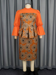 Fashion Floral Print Flare Sleeve Peplum Dress