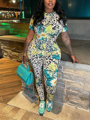 Casual Print Basic O Neck Short Sleeve Two Pieces Set