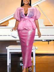 Elegant Sheer Mesh Lace-up Shirt And Long Skirts Set