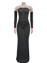 Rhinestone Sheer Mesh Gloves Glam Maxi Dress