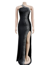 One Shoulder Rhinestone Sequin High Split Maxi Dress