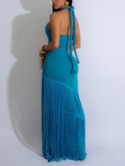 Sexy Lace-up Hollow out Fringes Maxi Dress