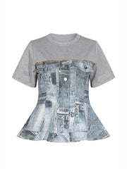 Casual Denim Print Patchwork Short Sleeve T-shirt
