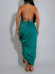 Sexy Halter V Neck Ruched High Split Midi Dress
