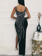Rhinestone Hip wrap High Slit Dress
