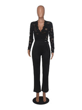 Sexy V Neck Lace Patchwork See-through Jumpsuit