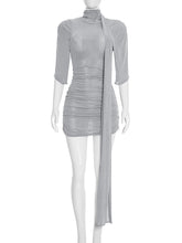 Sexy Mesh High Collar Ribbon Half Sleeve Bodycon Mini Dress