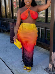 Cross Halter Tops Gradient Color Ruffle Maxi Skirt Set