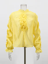 Fashion Floral Embellished Lantern Sleeve Sheer Blouse