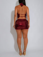 Sexy Sequin Halter Backless Top Mini Skirt Club Sets
