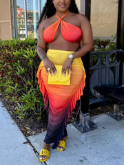 Cross Halter Tops Gradient Color Ruffle Maxi Skirt Set
