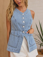 Casual Button Front Denim Vest Top