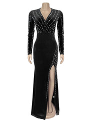 Elegant V Neck Rhinestone Embellished Evening Gowns