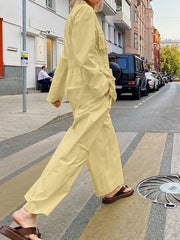 Casual Loose Shirt High Waist Wide Trousers Set