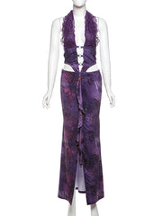 Sexy Print Hollow Out Backless Halter Maxi Dress